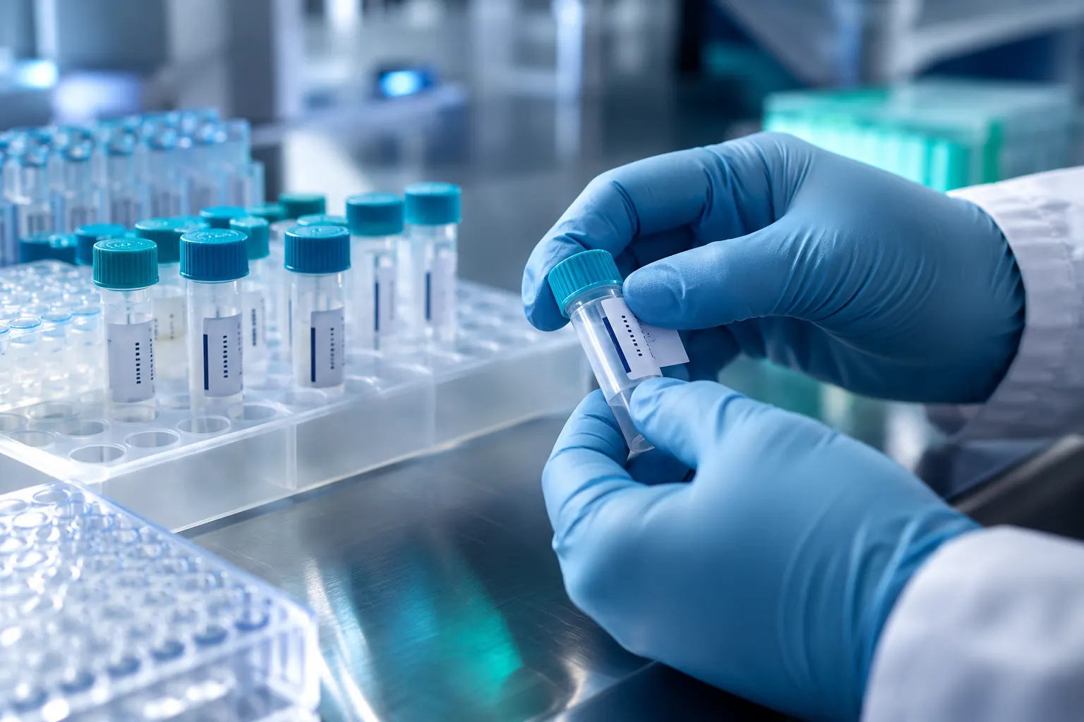 Gloved hands preparing labeled sample tubes