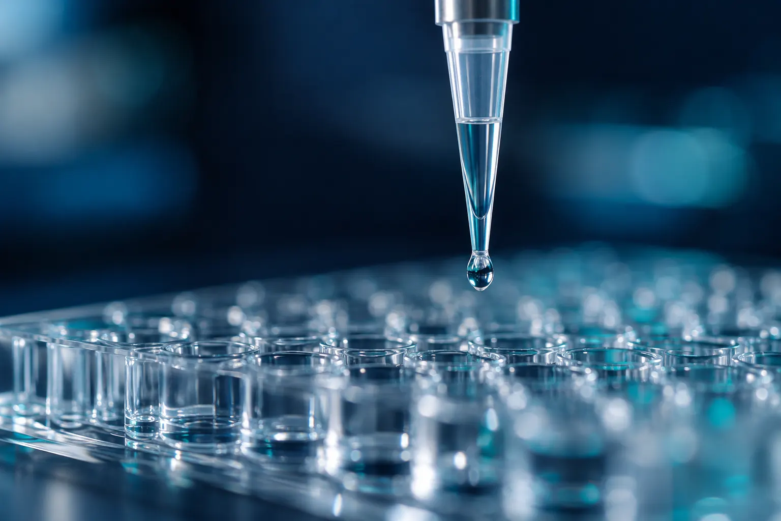 Pipette dispensing a sample into a microplate